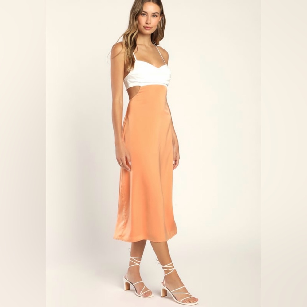 Lulu’s Summer Orange White Colorblock Midi Dress